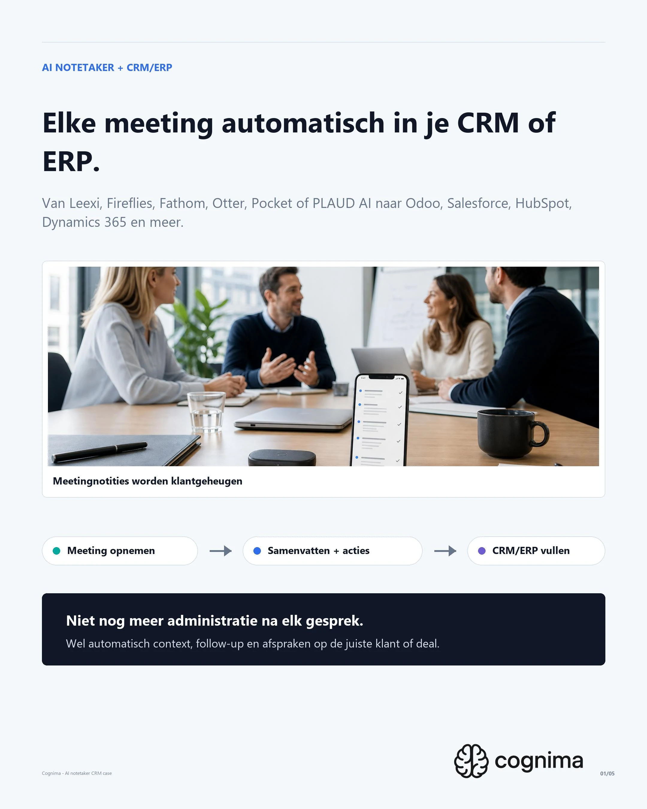 AI notetaker case waarin meetings automatisch aan CRM of ERP worden gekoppeld