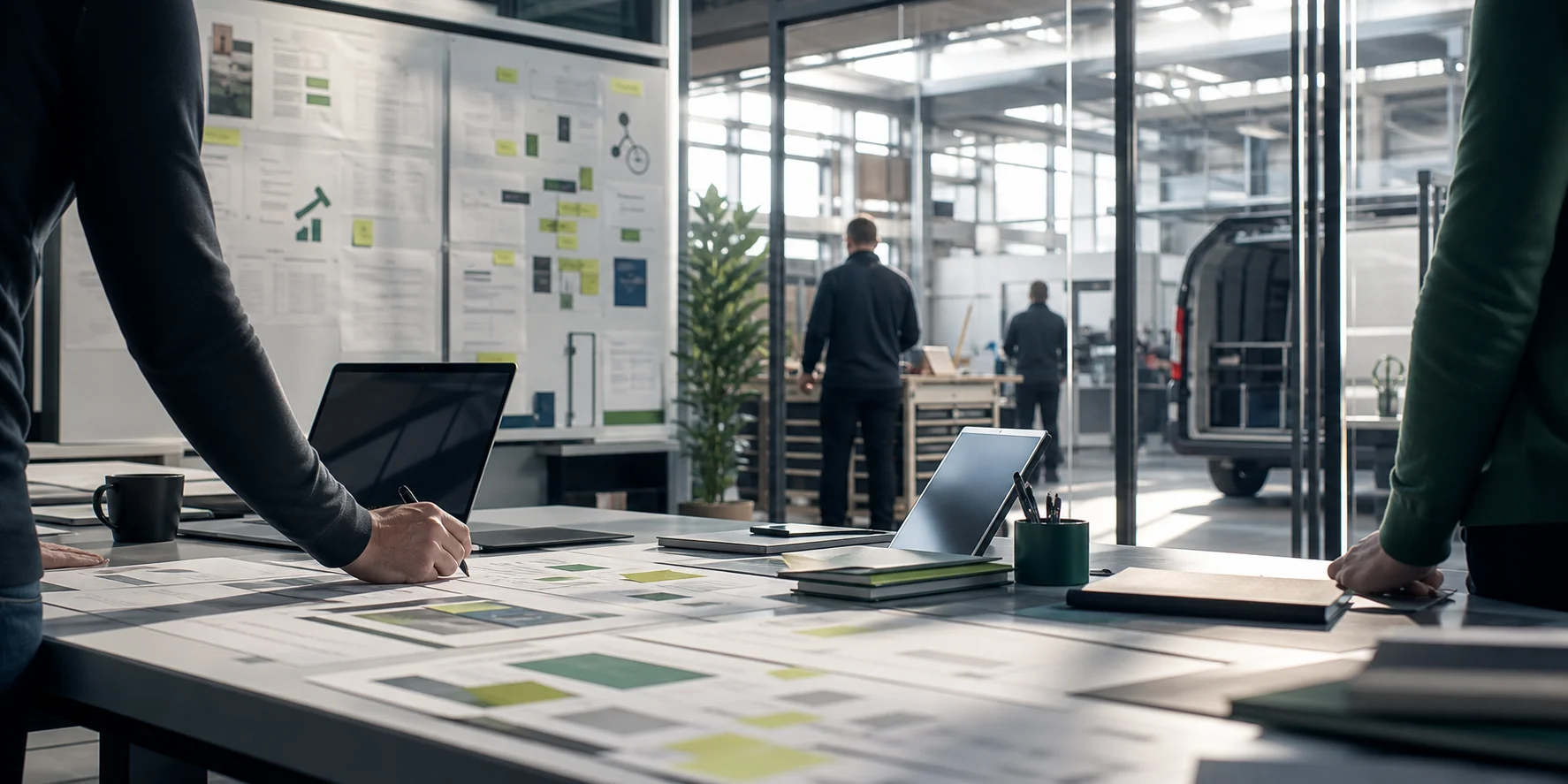 Work table with software, data and business documents