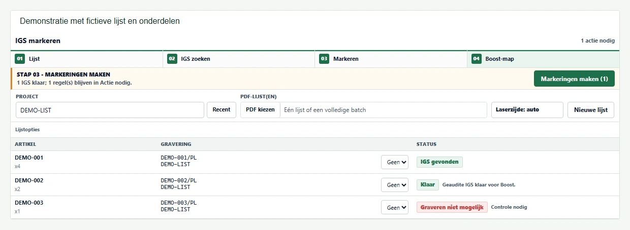 De echte werkbank met een fictieve stuklijst: gevonden, klaar of na te kijken.