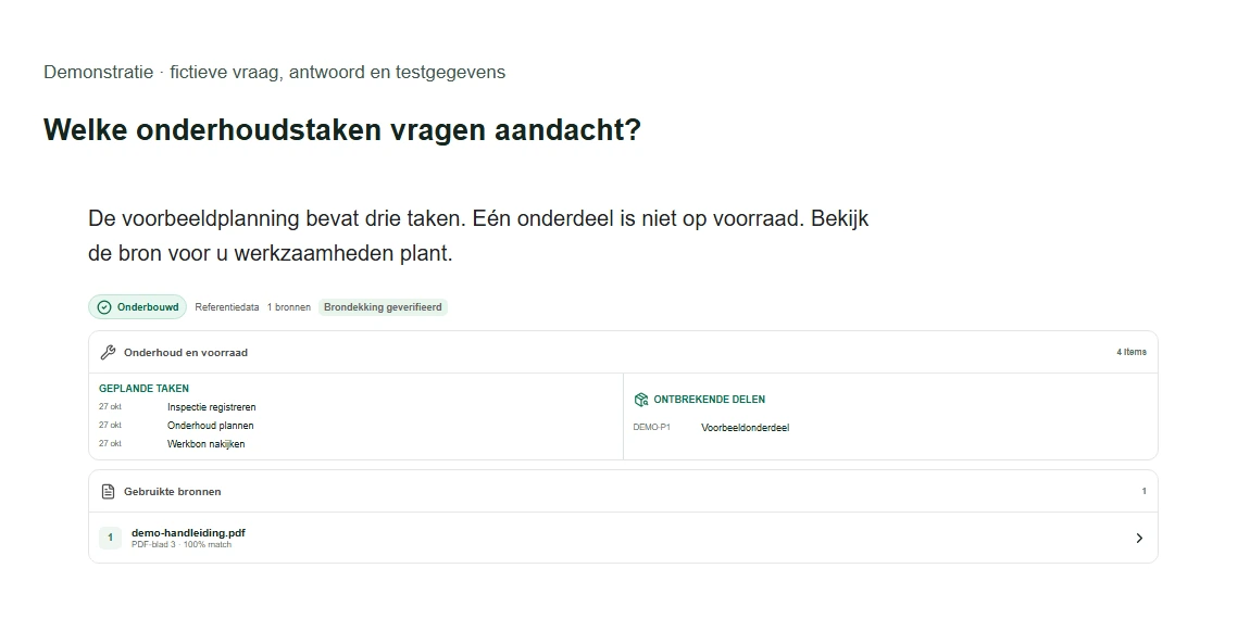 Véritable interface en néerlandais avec question fictive, exemple de réponse, tâches et source.