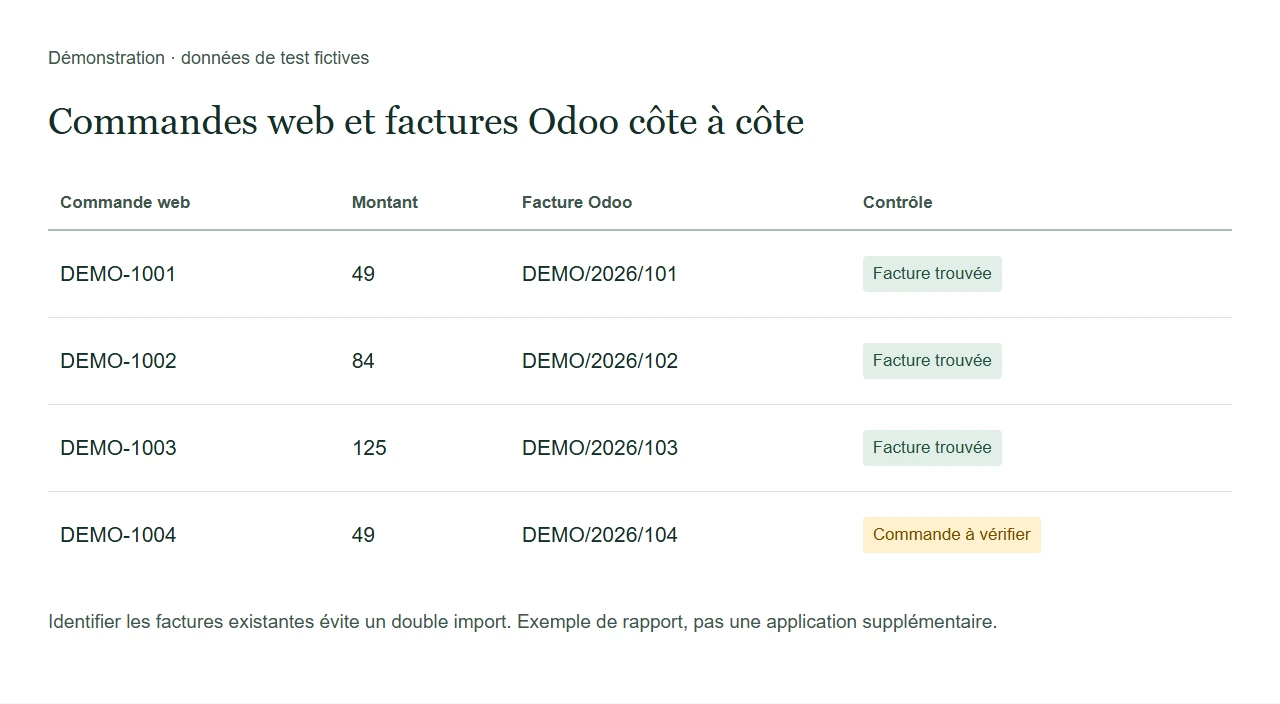 Les commandes web et les factures Odoo correspondantes.