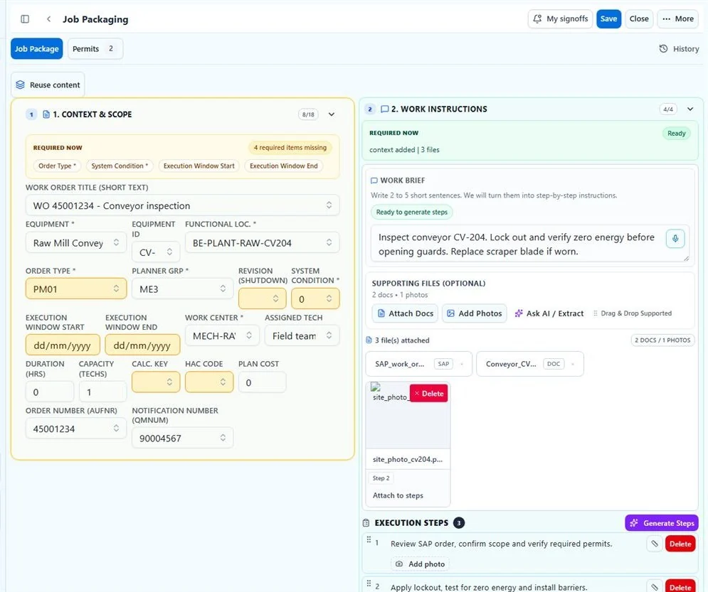 Werkpakket-editor — de samengebrachte SAP-invoer en de automatisch gegenereerde, geordende uitvoeringsstappen in één nagekeken scherm, klaar om terug te koppelen naar SAP.